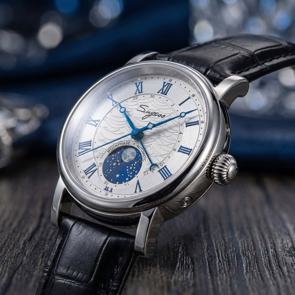 Sugess-Relógios mecânicos auto - Moonphase Complication Watch avaliação e preço